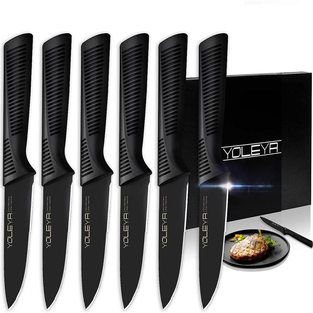 6-Pieces Set: YOLEYA High Carbon German Stainless Steel Black Serrated Steak Knife Set