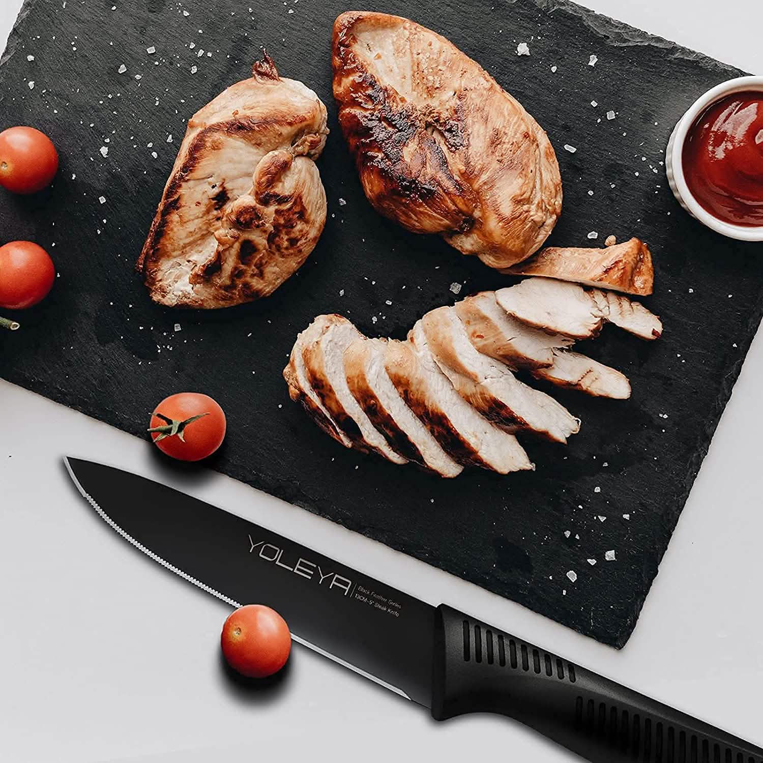 6-Pieces Set: YOLEYA High Carbon German Stainless Steel Black Serrated Steak Knife Set