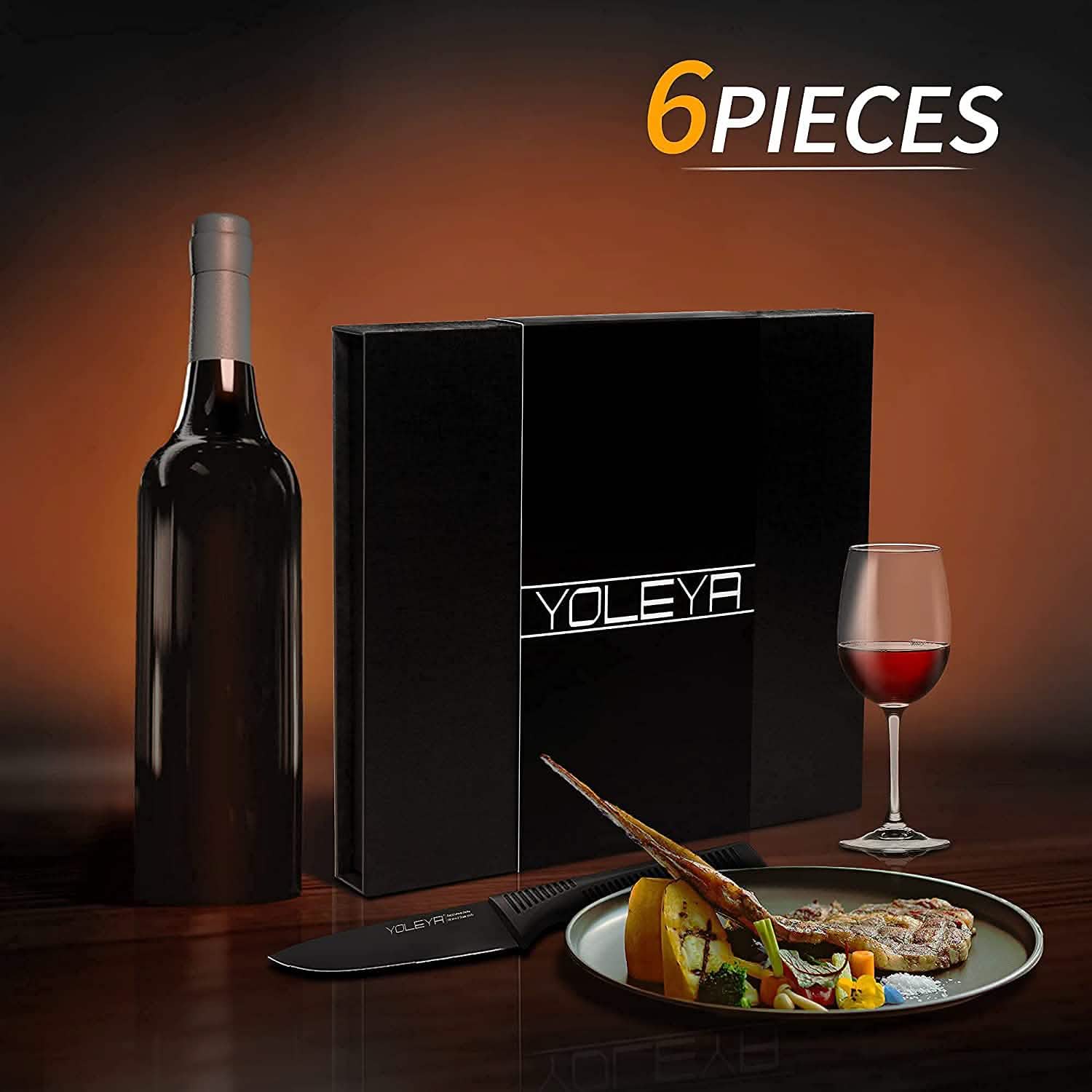 6-Pieces Set: YOLEYA High Carbon German Stainless Steel Black Serrated Steak Knife Set