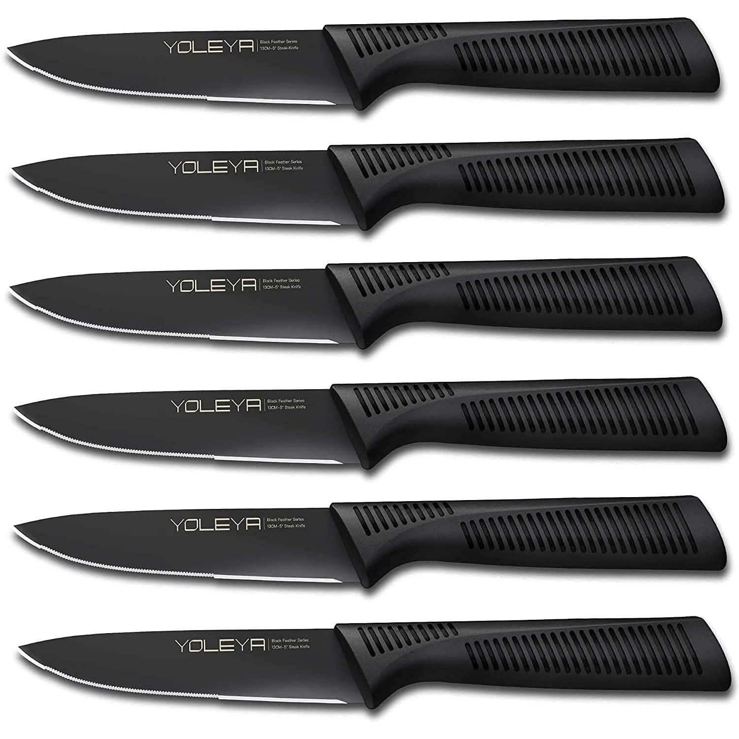 6-Pieces Set: YOLEYA High Carbon German Stainless Steel Black Serrated Steak Knife Set