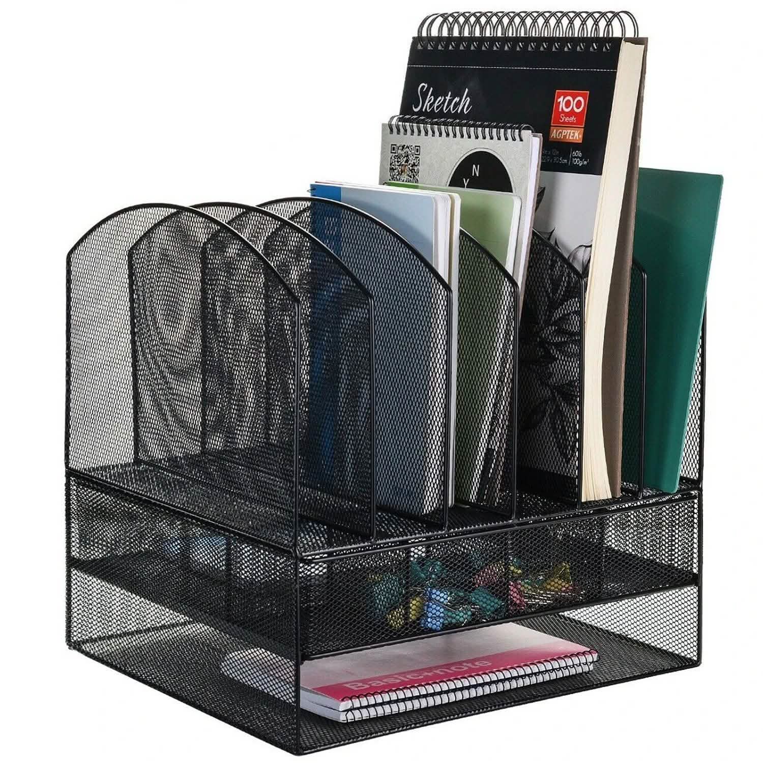 6 Trays 2 Tier Mesh Desk File Sorter Organizer Office Document Holder with Drawer