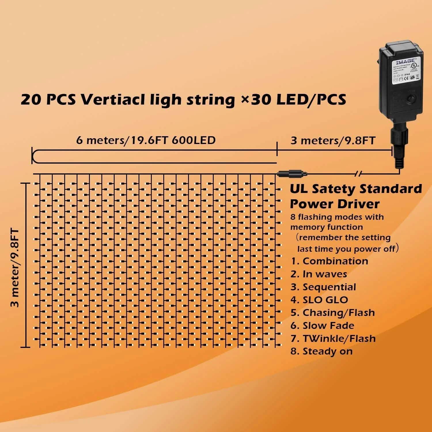 600 LED 9.8 x 19.6 FT. LED Curtain Lights with 8 Light Modes and Memory Function