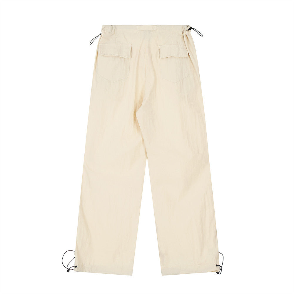 Wrinkled Casual Straight Cargo Pants Men's American Loose Solid Color Thin Sports Drawstring Cuffed Long Trousers