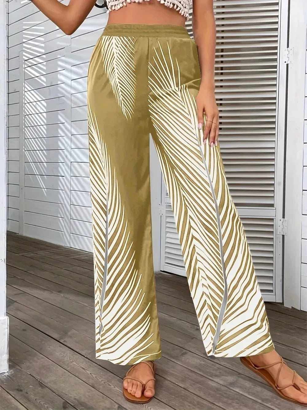 Fashionable and elegant striped leaf positioning printed wide leg pants for women