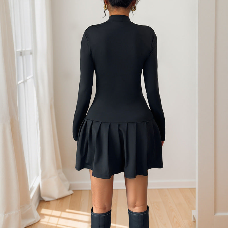 Bowknot Button Decorated Stand Collar Long Sleeve Dress