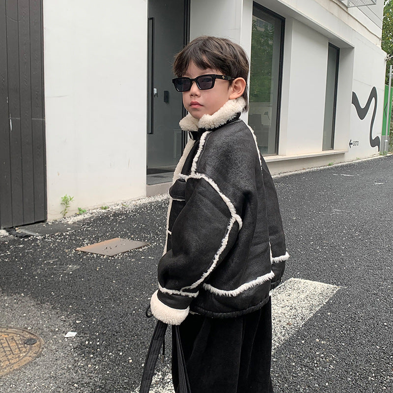Boy's Leather Jacket Fleece Padded Coat Autumn And Winter Clothing