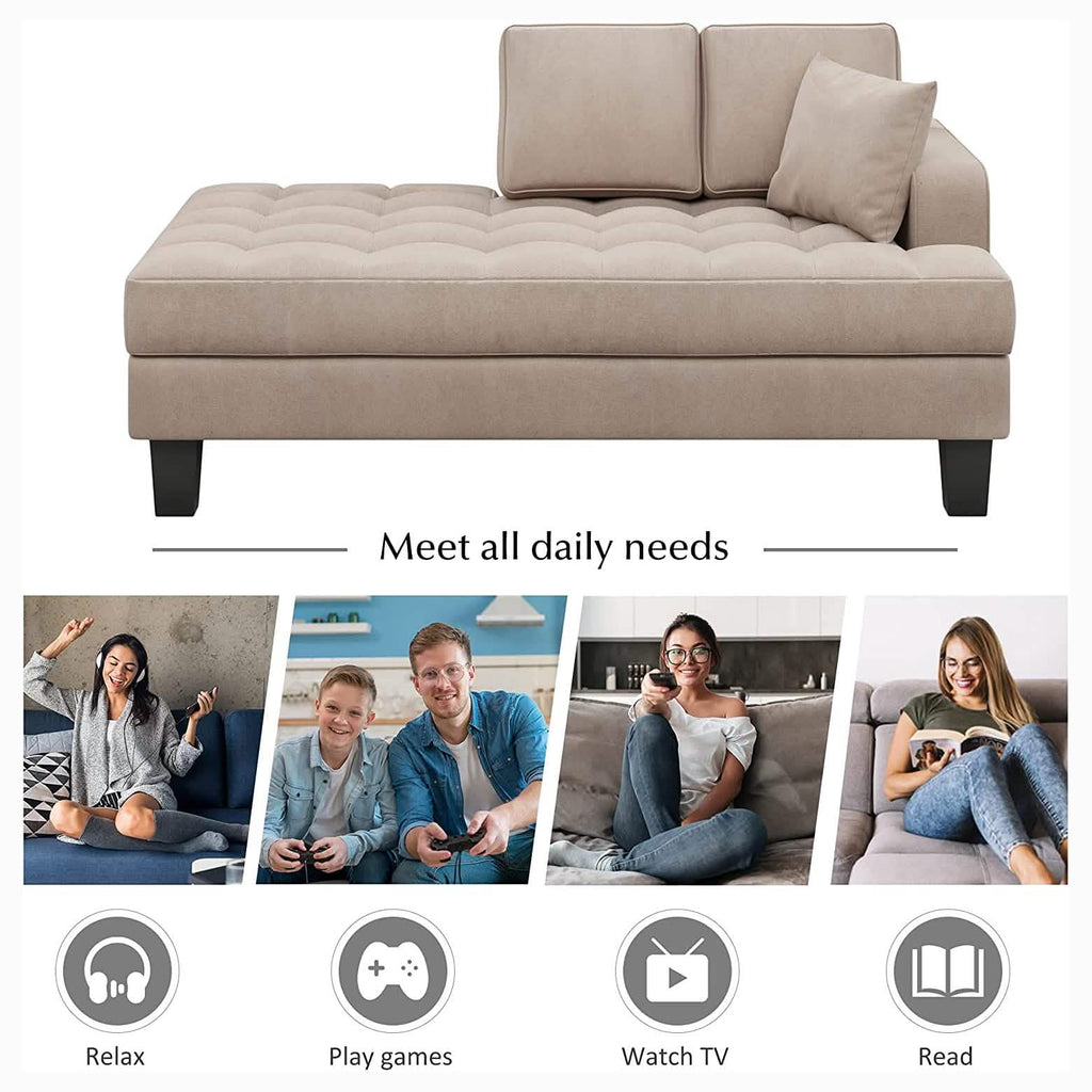 64" Deep Tufted Upholstered Textured Fabric Chaise Lounge Toss Pillow Included