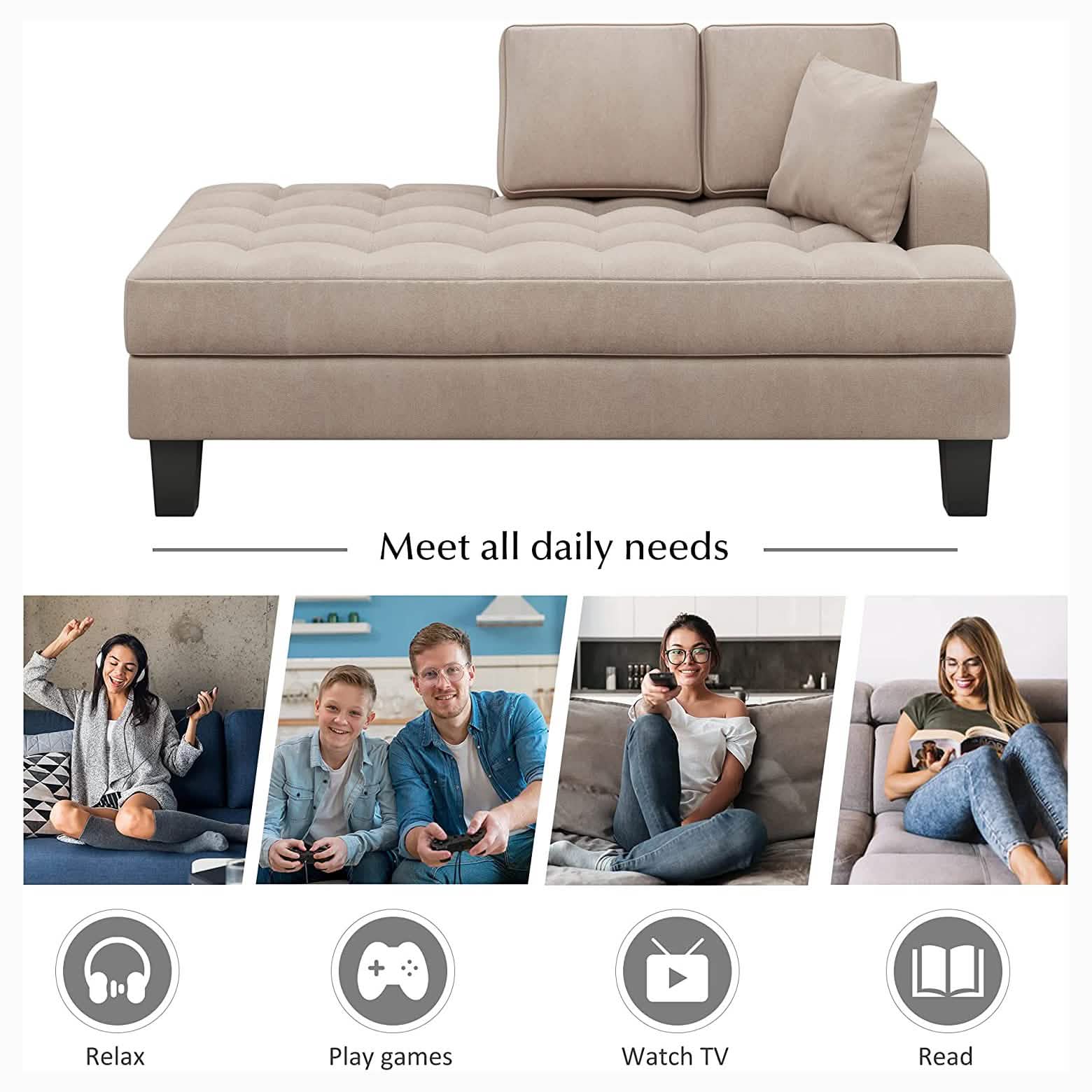 64" Deep Tufted Upholstered Textured Fabric Chaise Lounge Toss Pillow Included
