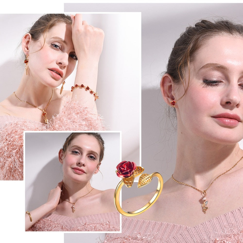 U7 Red Rose Garden Flower Leaves Resizable Finger Rings for Women Valentine's Day Gift Jewelry Hot Sale Open Ring R1019