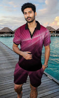 Men's Summer Fashion 3D Printed Short Sleeve Geometric Zip Lapel Shirt Set