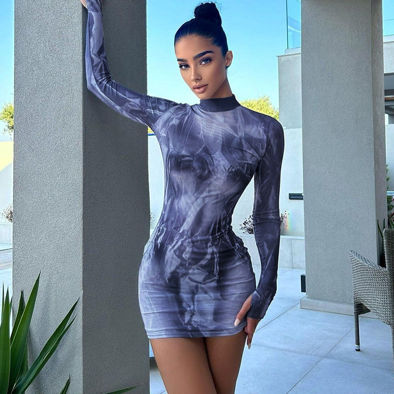 High Neck Long Sleeve Printed Dress