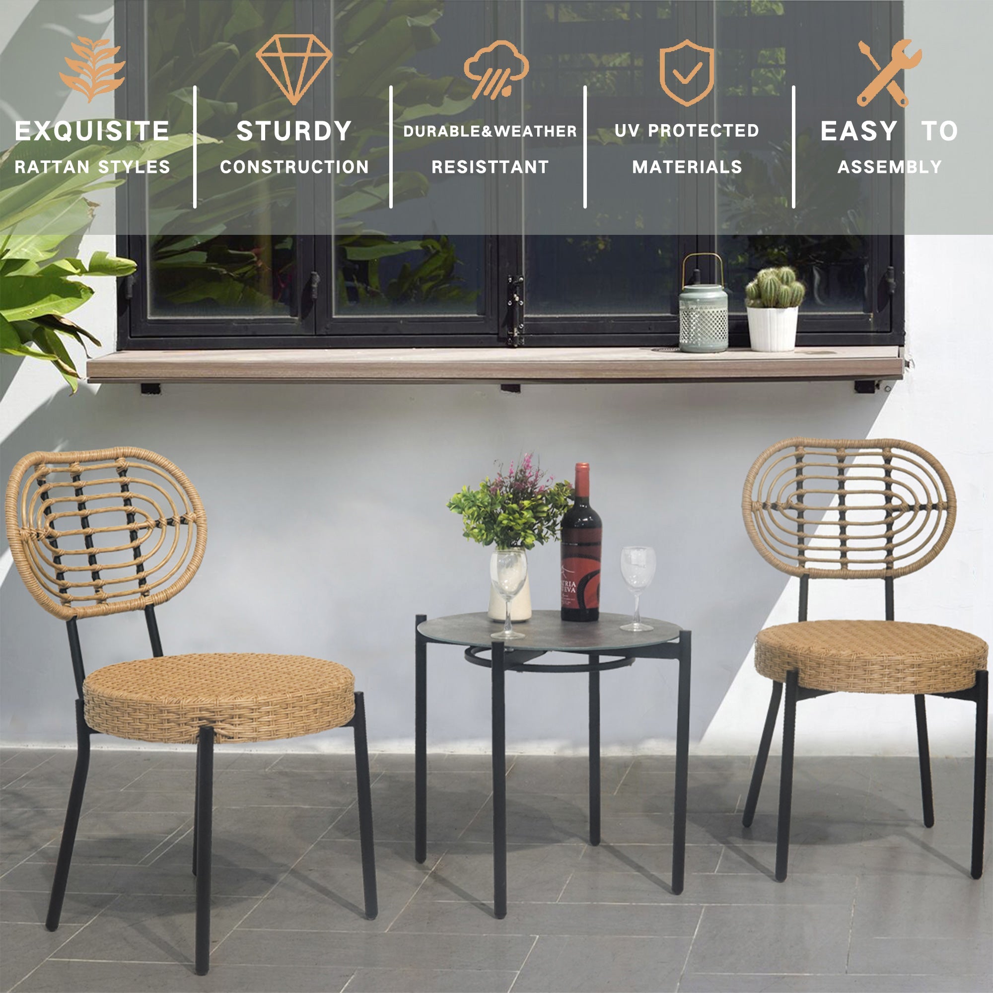 3 Pieces Of Luxury Outdoor Wicker Furniture - Patio Bistro Style Table And Chair Combination