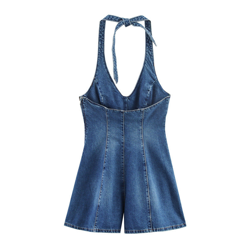 Fashionable and Sexy Halter Denim Jumpsuit for Women Style