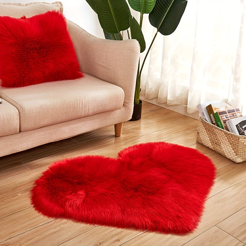 Plush Heart-Shaped Area Mat | Machine Washable Soft Artificial Wool | Cozy Decorative Mat for Living Room, Bedroom, Office | Indoor Use
