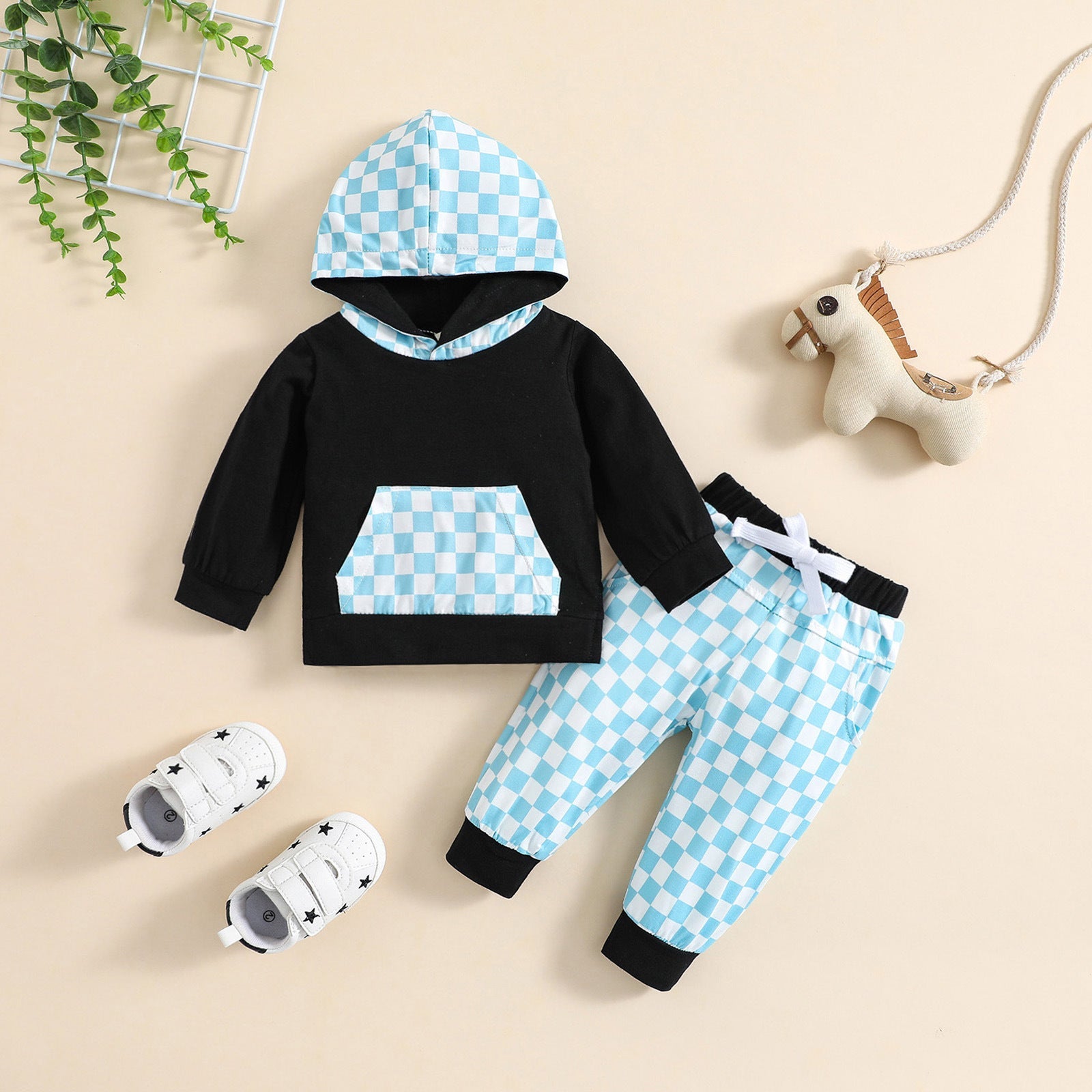 Children's Autumn And Winter Sports Leisure Hooded Plaid Suit