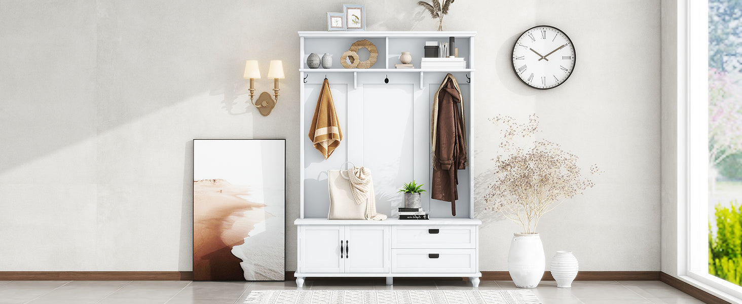 ON-TREND Modern Style Hall Tree with Storage Cabinet and 2 Large Drawers, Widen Mudroom Bench with 5 Coat Hooks, White