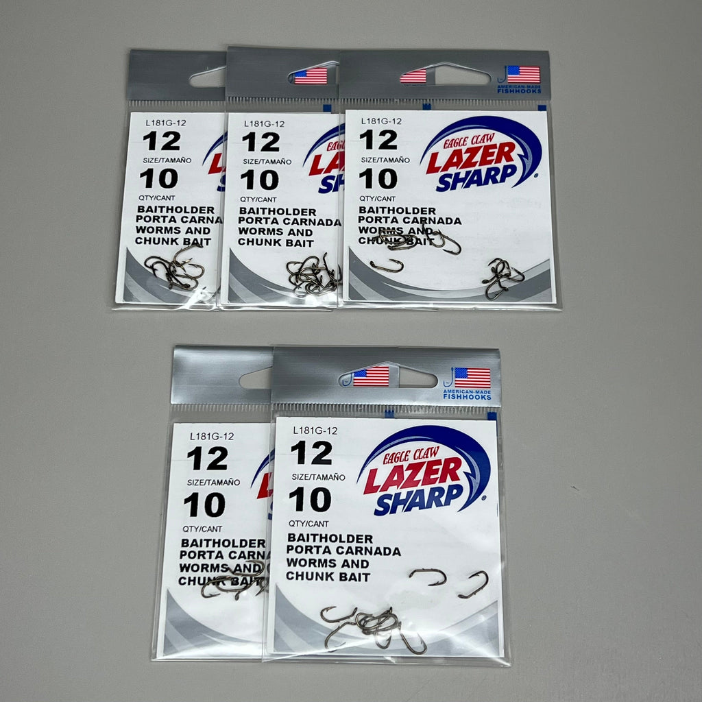 EAGLE CLAW (5 PACK) Lazer Sharp Down eye Baitholder Hook Bronze #12 10pc L181G-12