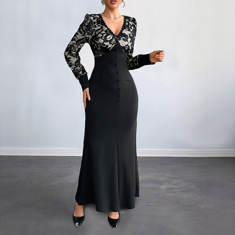 Sexy Retro Lace Splicing Long Sleeve V-neck Dress for Evening and Date