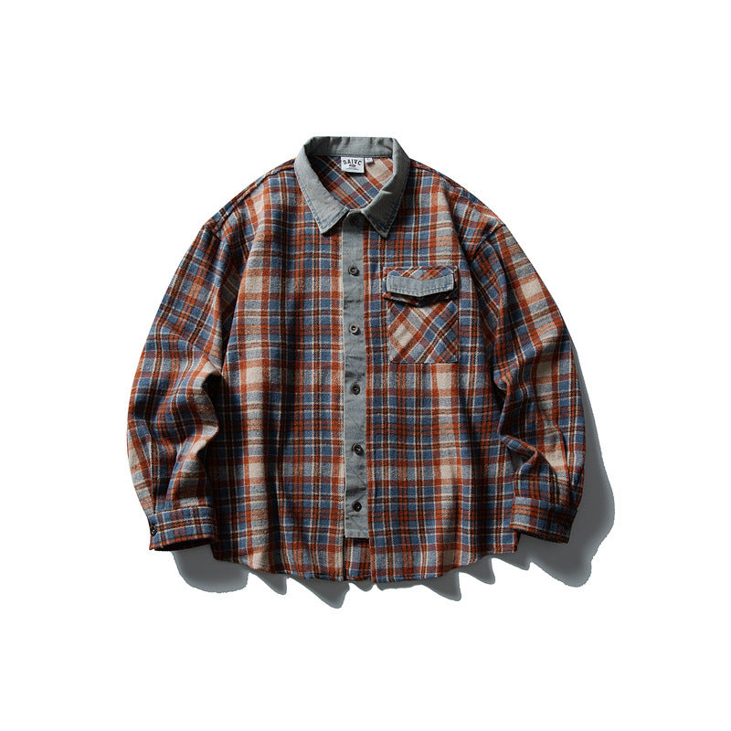 Color blocked denim patchwork brushed plaid shirt for men and women