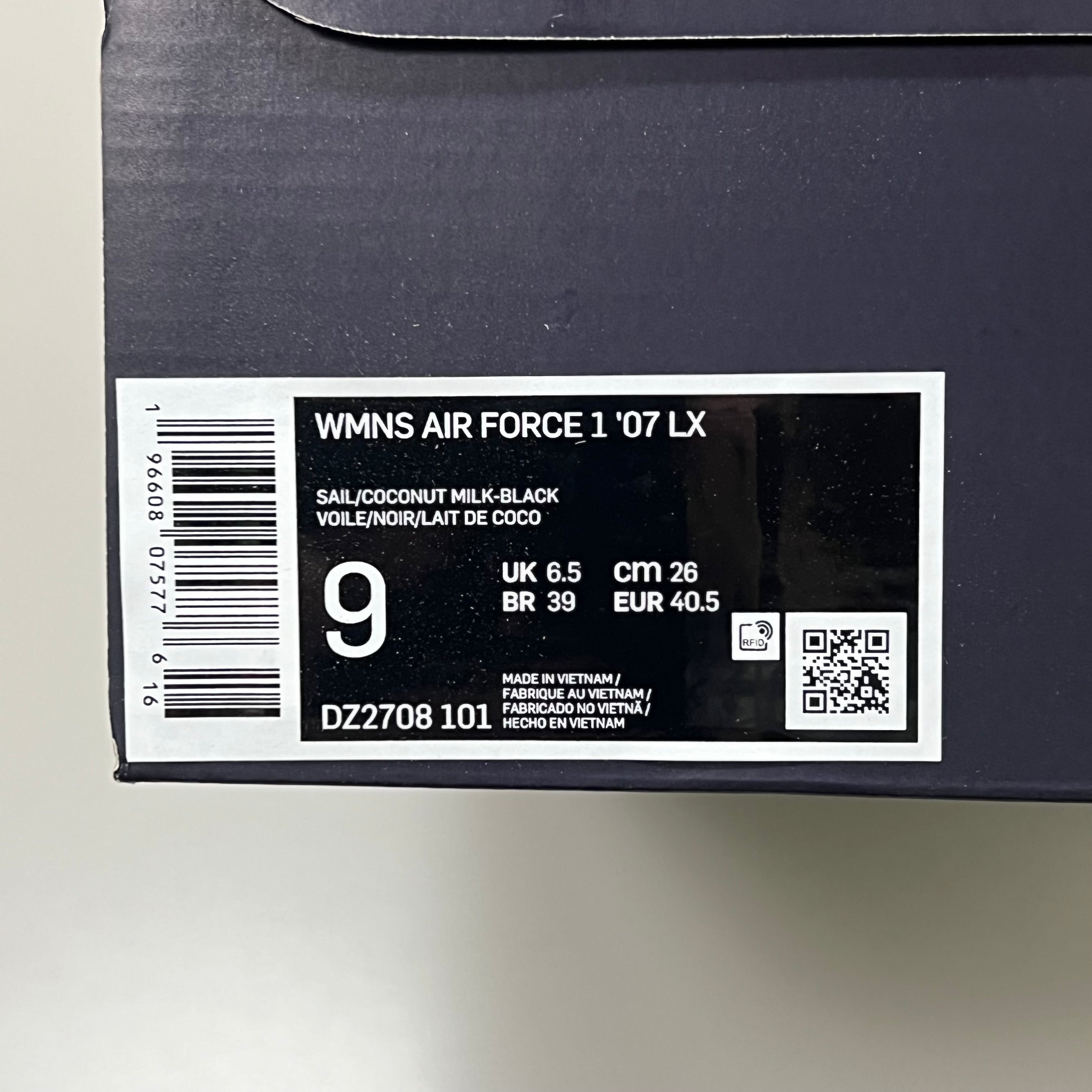 NIKE Air Force 1 07' LX Leather Sz Women's 9 Sail/Coconut Milk-Black DZ2708 101