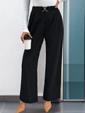 Autumn women's solid color with buckle high waisted straight leg pants