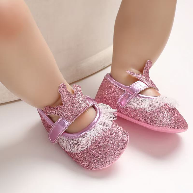 Newborn Infant Baby Girls Shoes Toddler Kids Princess Crown Glitter Design Shoes Soft Sole Anti-slip