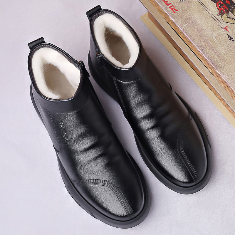 Men's Fleece-lined Thickened Leather Waterproof Casual High-top Snow Boots