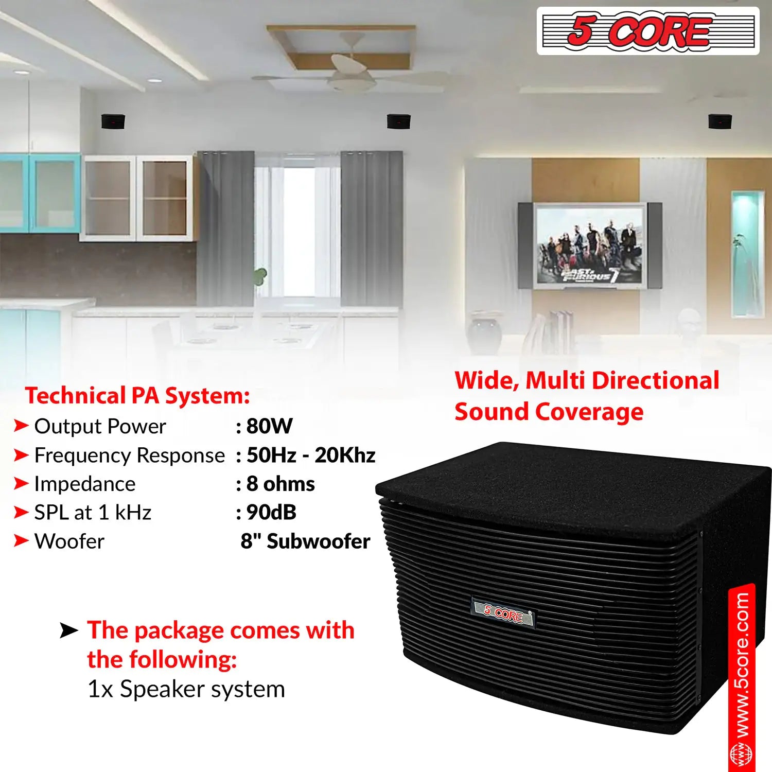 5Core Box Subwoofer for Car 1Pc Black 800W Peak Power 8 Inch Vented Trunk Speaker Woofer 8 Ohm
