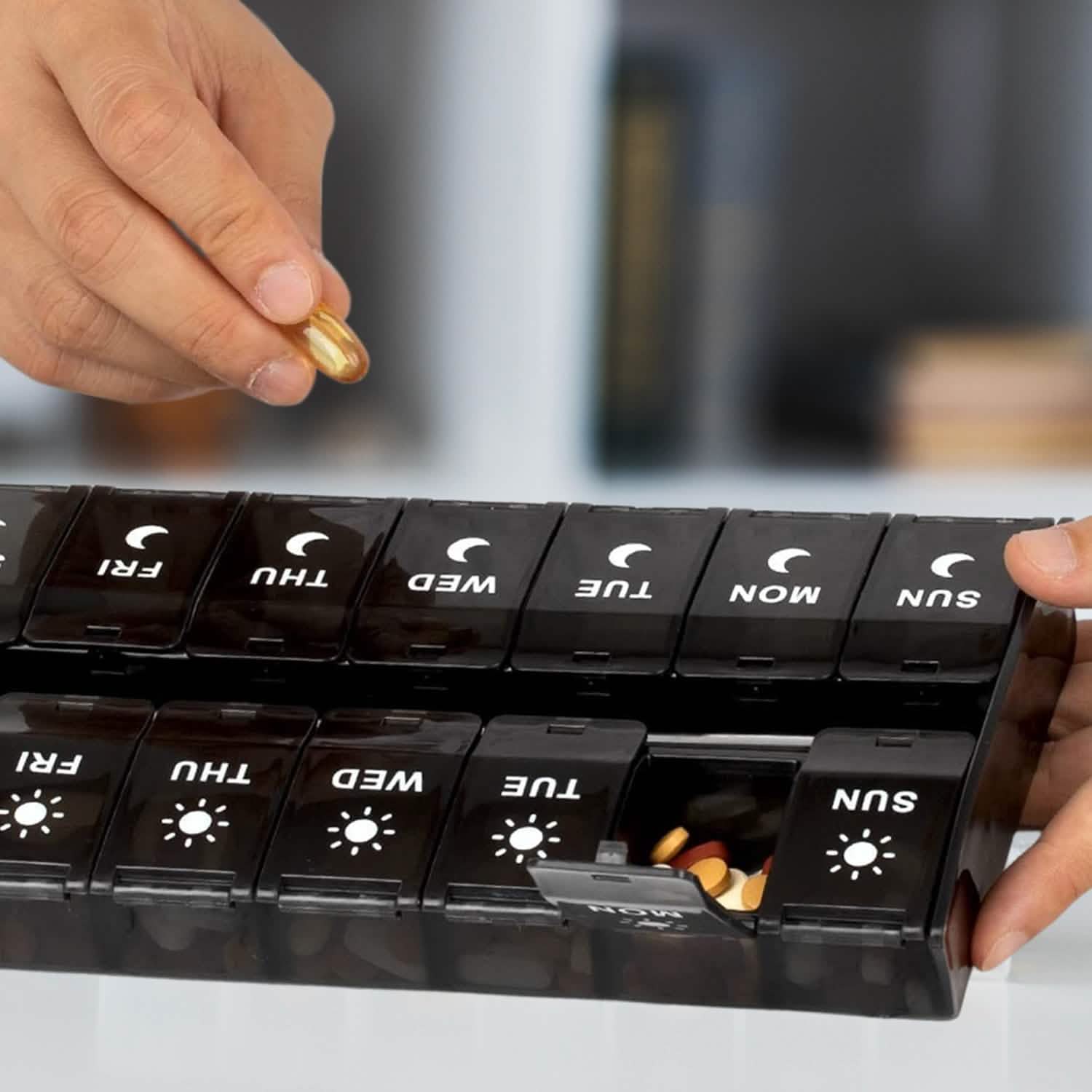 7-Day Push Button Pill, Medicine, Vitamin Organizer with AM/PM Large Compartments