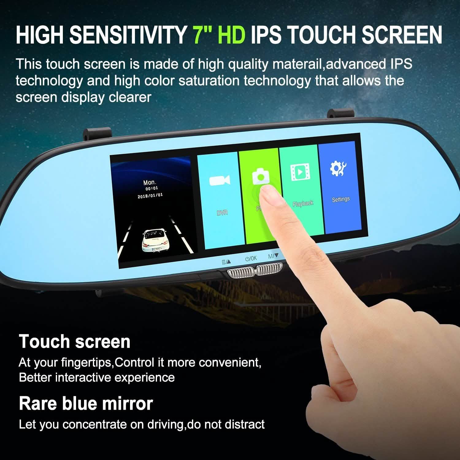 7'' HD 1080P Car DVR Dual Lens Camera Vehicle Rearview Mirror Dash Cam Recorder