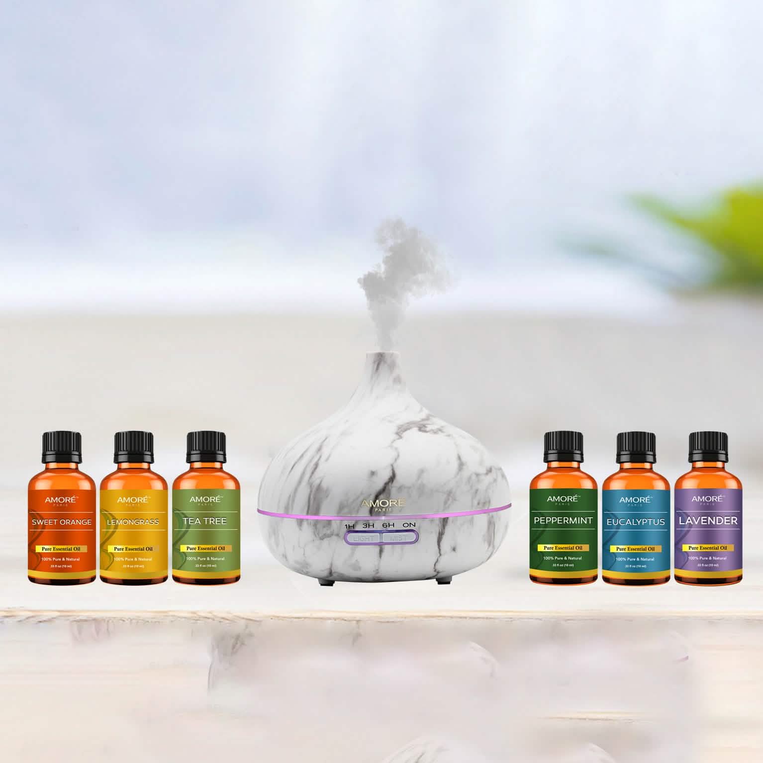 7-Pack: Ultrasonic White Marble Aromatherapy Oil Diffuser With Essential Oil