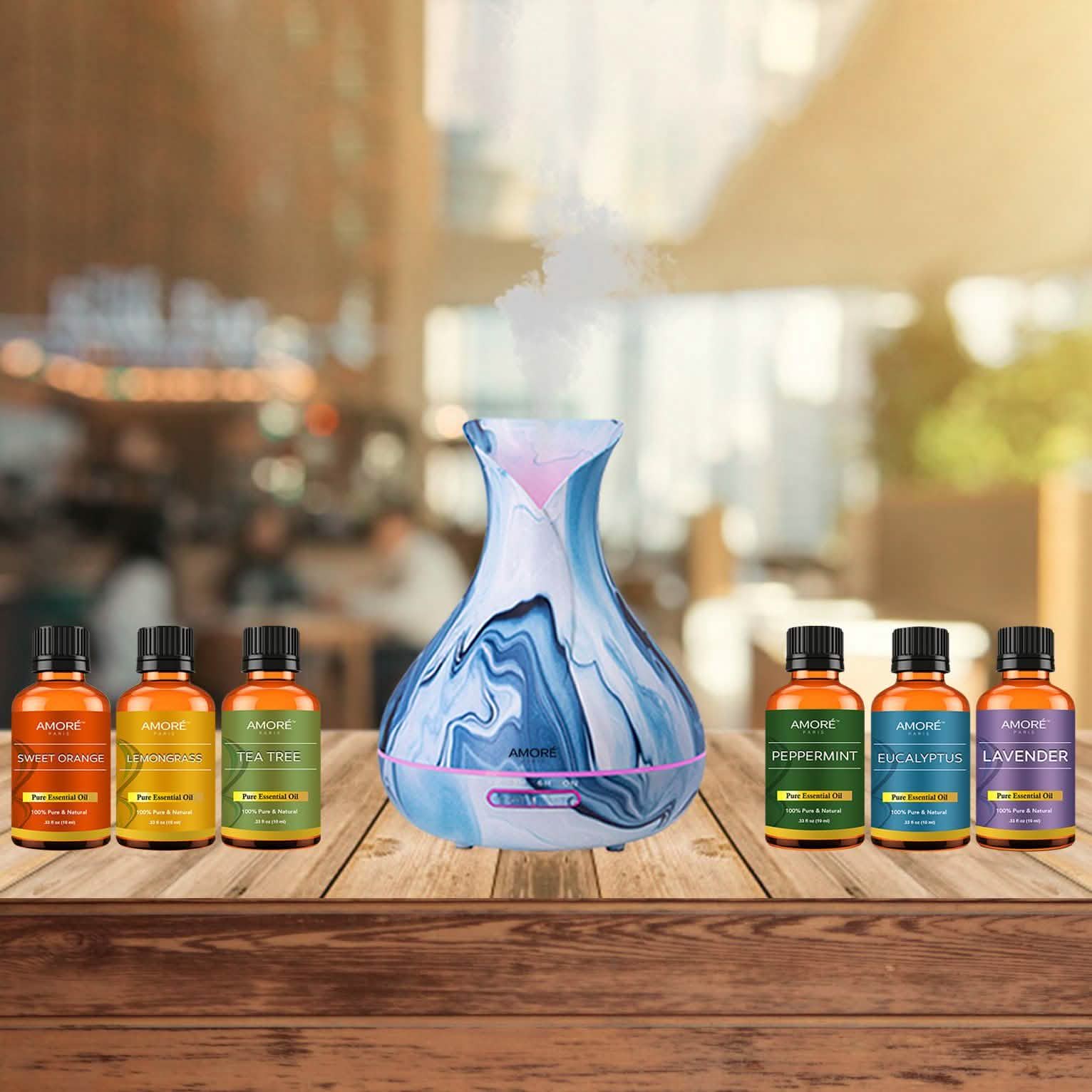 7-Piece Set: Hydro Dipped Ultrasonic Aromatherapy Diffuser With Essential Oil Gift Set