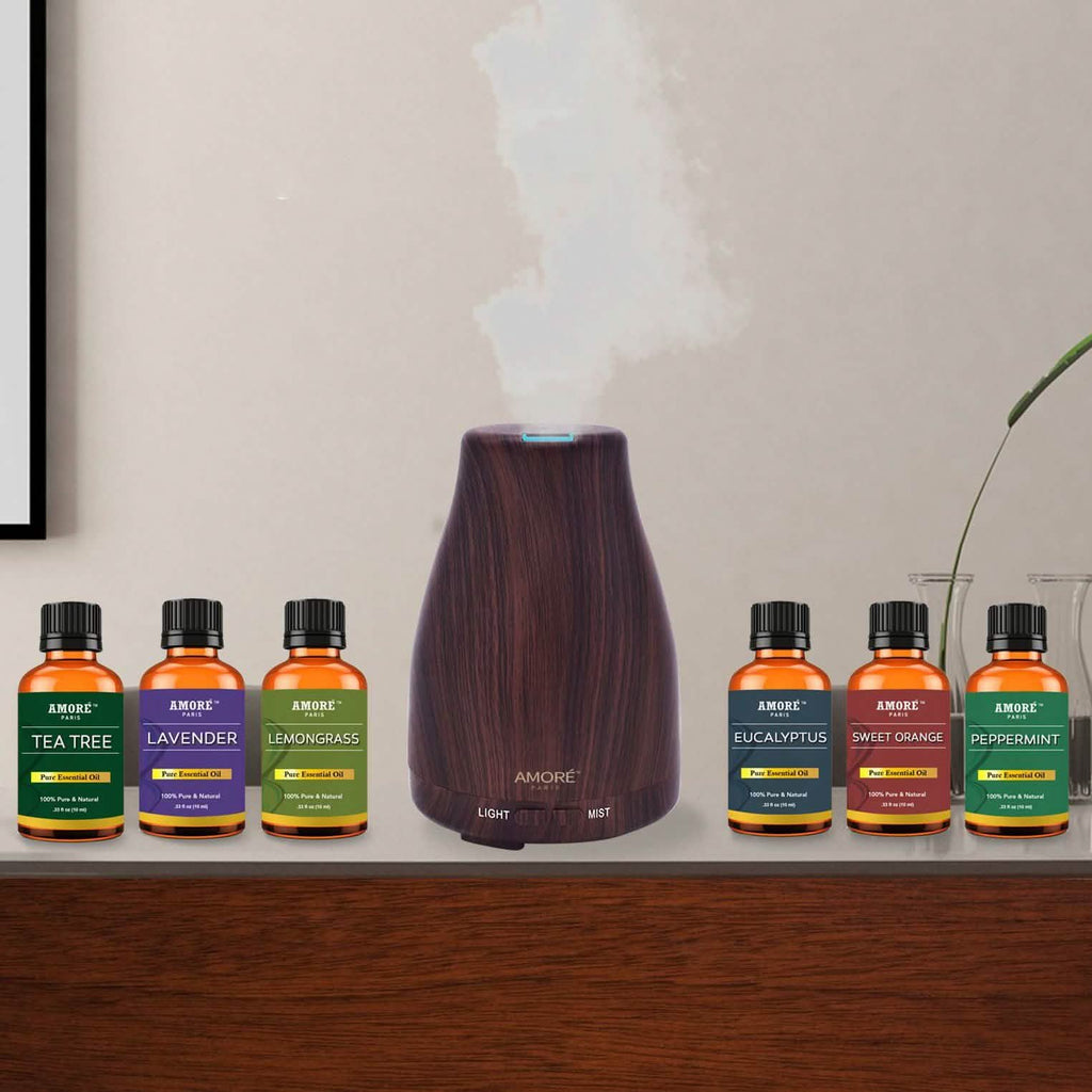7-Piece Set: Natural Wood Grain Cool Mist Aromatherapy Diffuser With Essential Oil