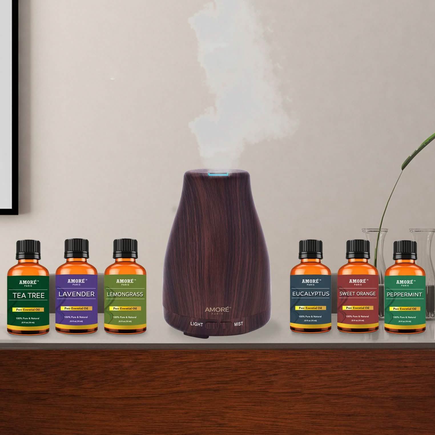 7-Piece Set: Natural Wood Grain Cool Mist Aromatherapy Diffuser With Essential Oil