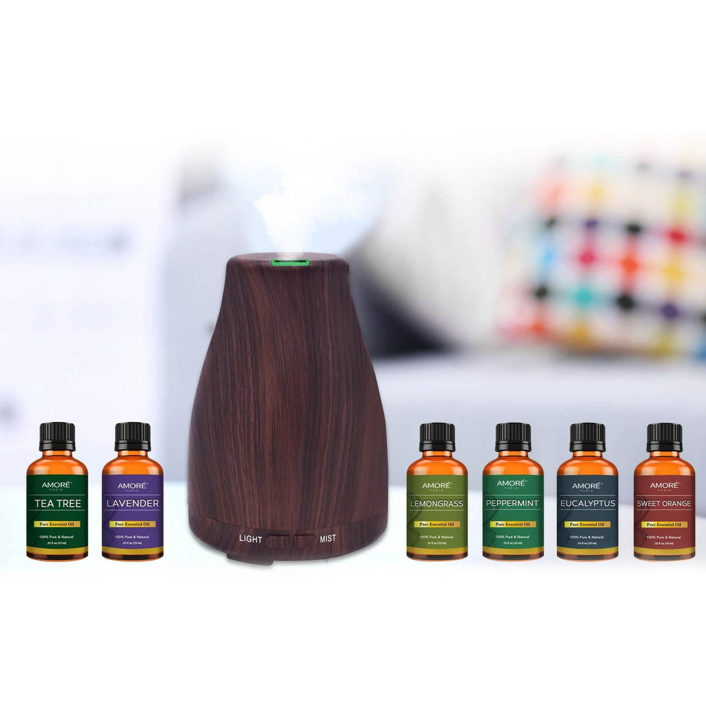 7-Piece Set: Natural Wood Grain Cool Mist Aromatherapy Diffuser With Essential Oil