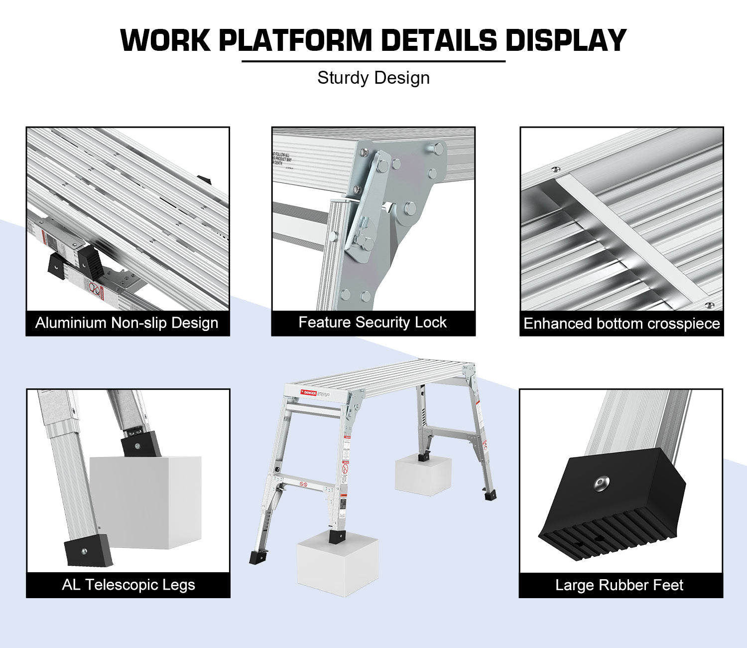 Aluminum Work Platform Large Size Step Stool Folding Portable Work Bench 40" Width Telescopic Feet 22" -27.5" Height Adjustable