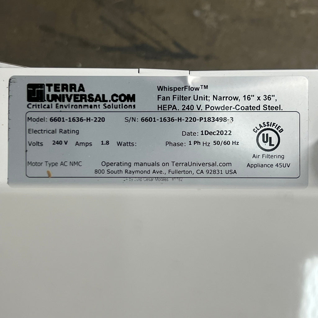 TERRA UNIVERSAL Whisper Flow Filtration System HEPA 240V 16"x36" White 6601-1636-H-220-P183498-3