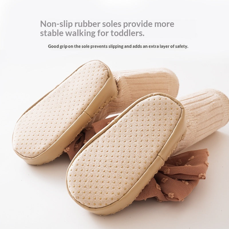 Baby Shoes And Socks Non Slip Leather Soled First Walker Socks With Lace Bow Details