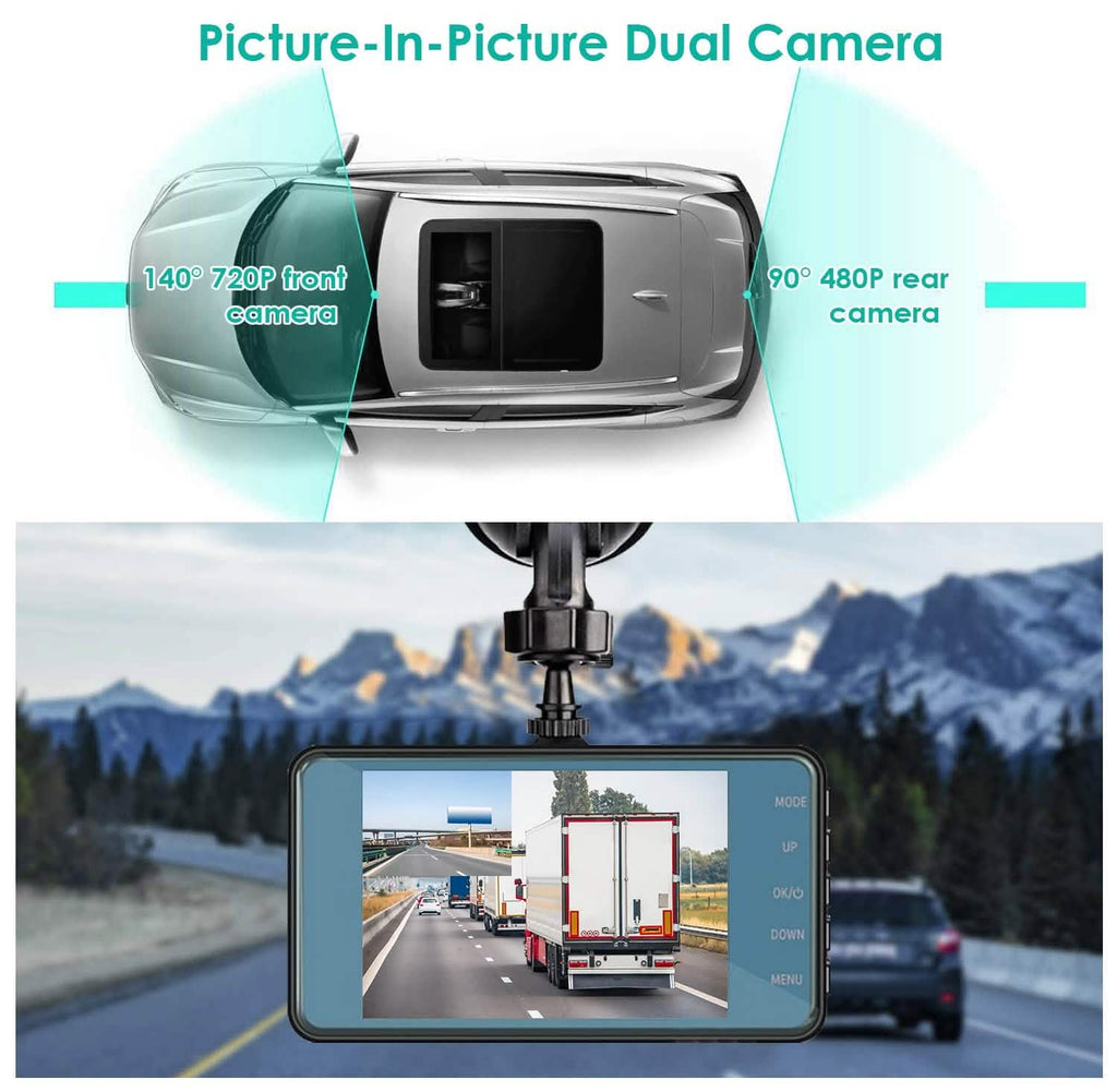 720P Dual Dash Car Camera Recorder with Motion Detection Light