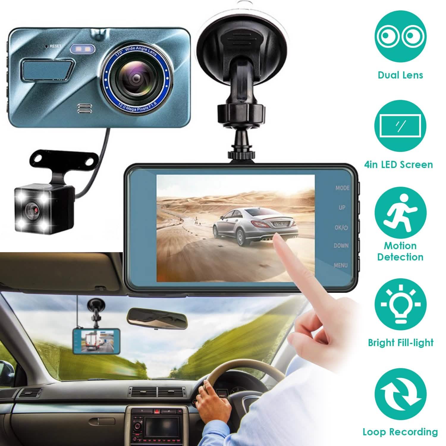 720P Dual Dash Car Camera Recorder with Motion Detection Light