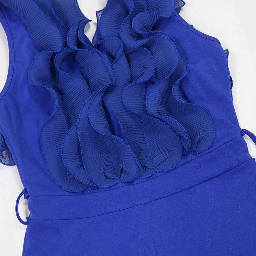 Sexy V-neck Backless Ruffle Tie-up Jumpsuit Casual Long Comfortable Fitted Women's Clothing