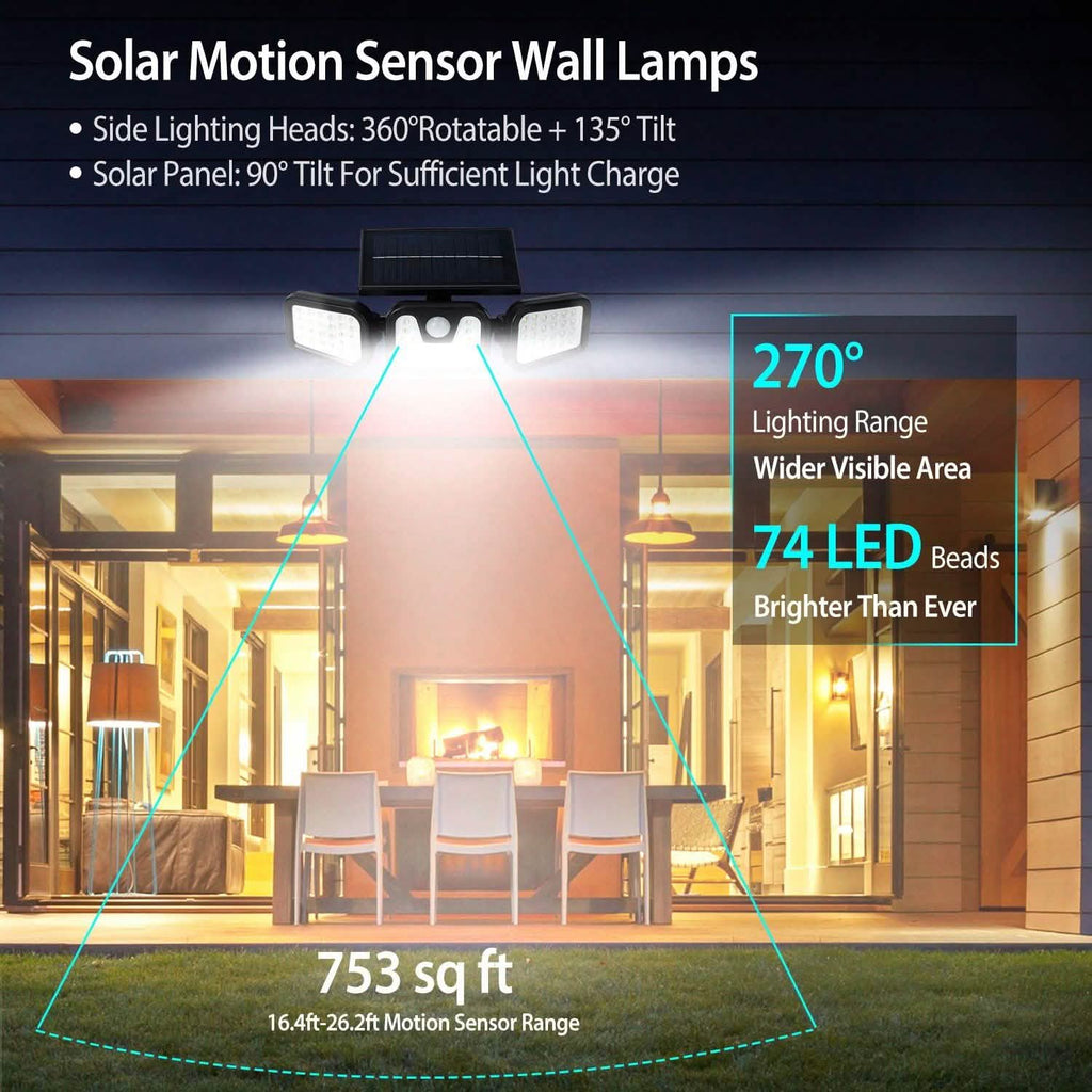 74 LEDs 3 Adjustable Solar Head Motion Sensor Flood Light