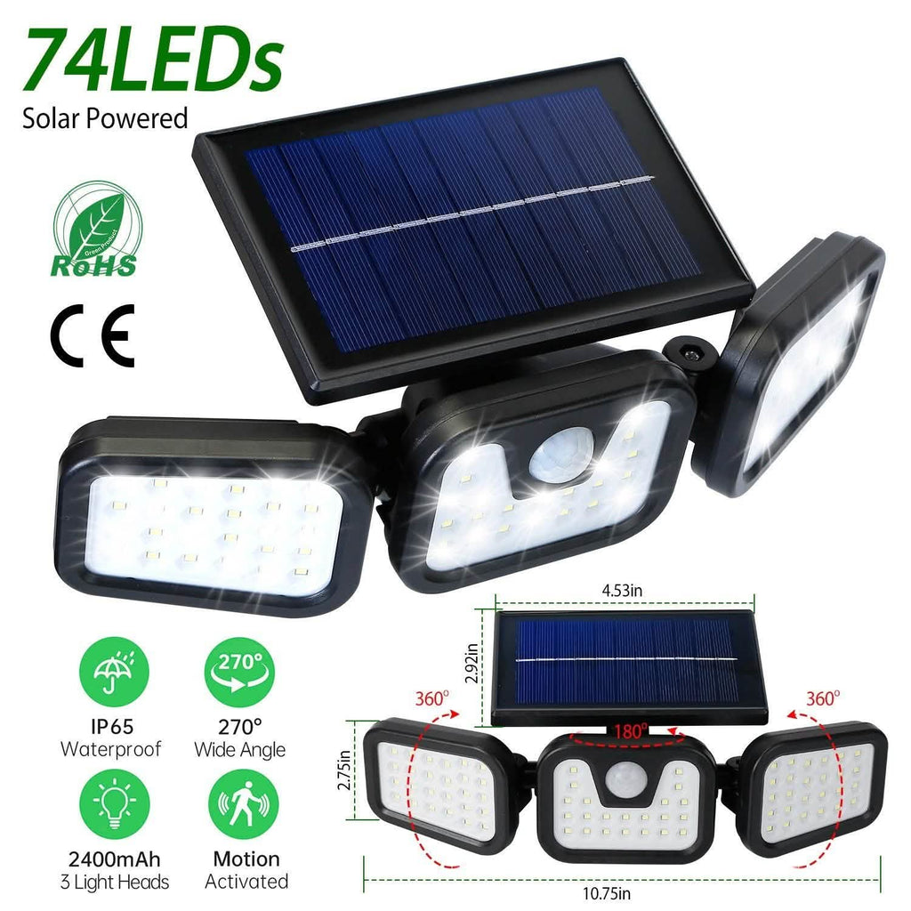 74 LEDs 3 Adjustable Solar Head Motion Sensor Flood Light