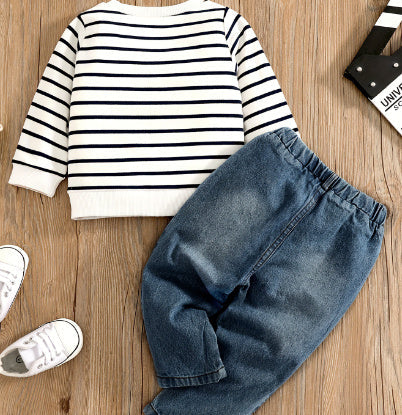 Children's Baby Suit Embroidered Striped Long-sleeved Jeans Suit