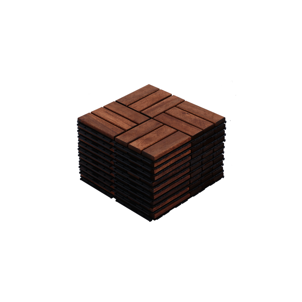 Acacia interlocking deck tile grid pattern, 10 pieces of 12 inch x 12 inch square brown Acacia hardwood outdoor flooring