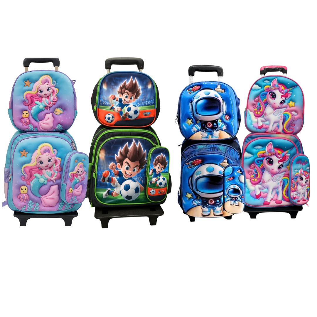 Kids 3D 4-Piece Rolling Backpack Combo - Assorted Designs (4ct)