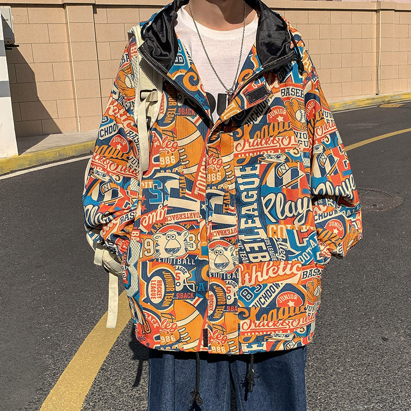 Hooded Jacket Men Graffiti Print Trend Pullover Top Plus Size Jacket Men