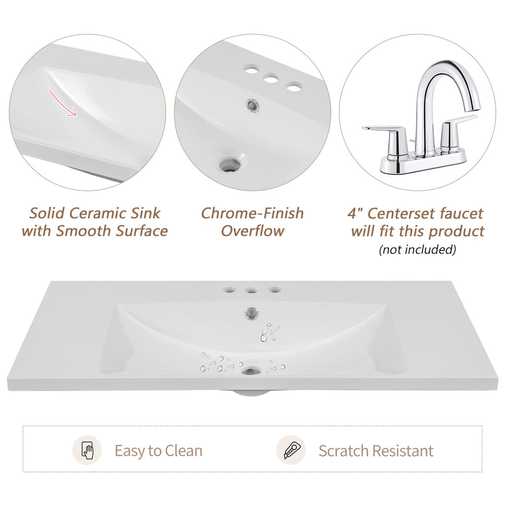 36" Single Bathroom Vanity Top with White Basin, 3-Faucet Holes, Ceramic, White