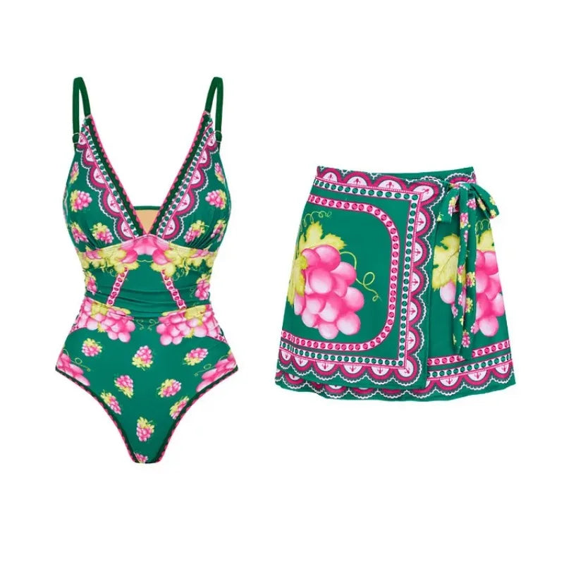 Long sleeved V-neck printed one piece swimsuit for women