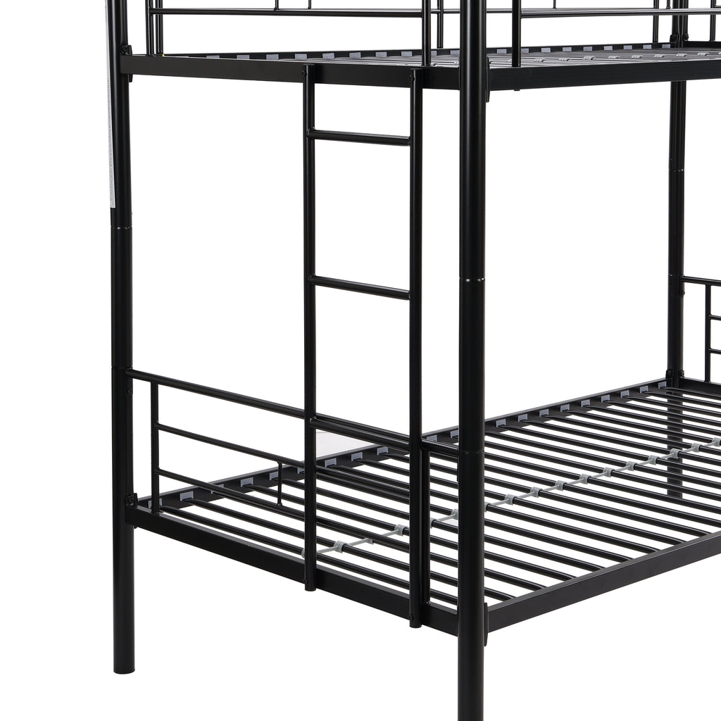Double decker bed, size above twin bed, with 2 ladders and full-length guardrail, metal, storage space, black